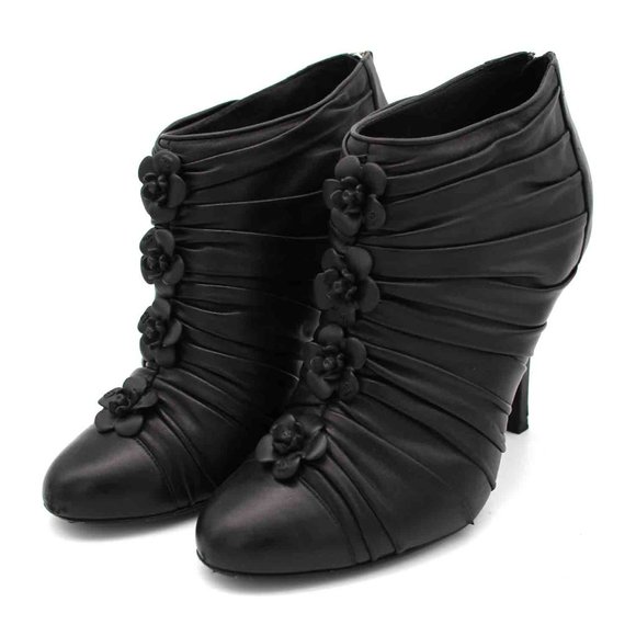 CHANEL Shoes - CHANEL Black Ankle Bootie Ruched Leather Camellia Flower Trim Heeled Round 38.5